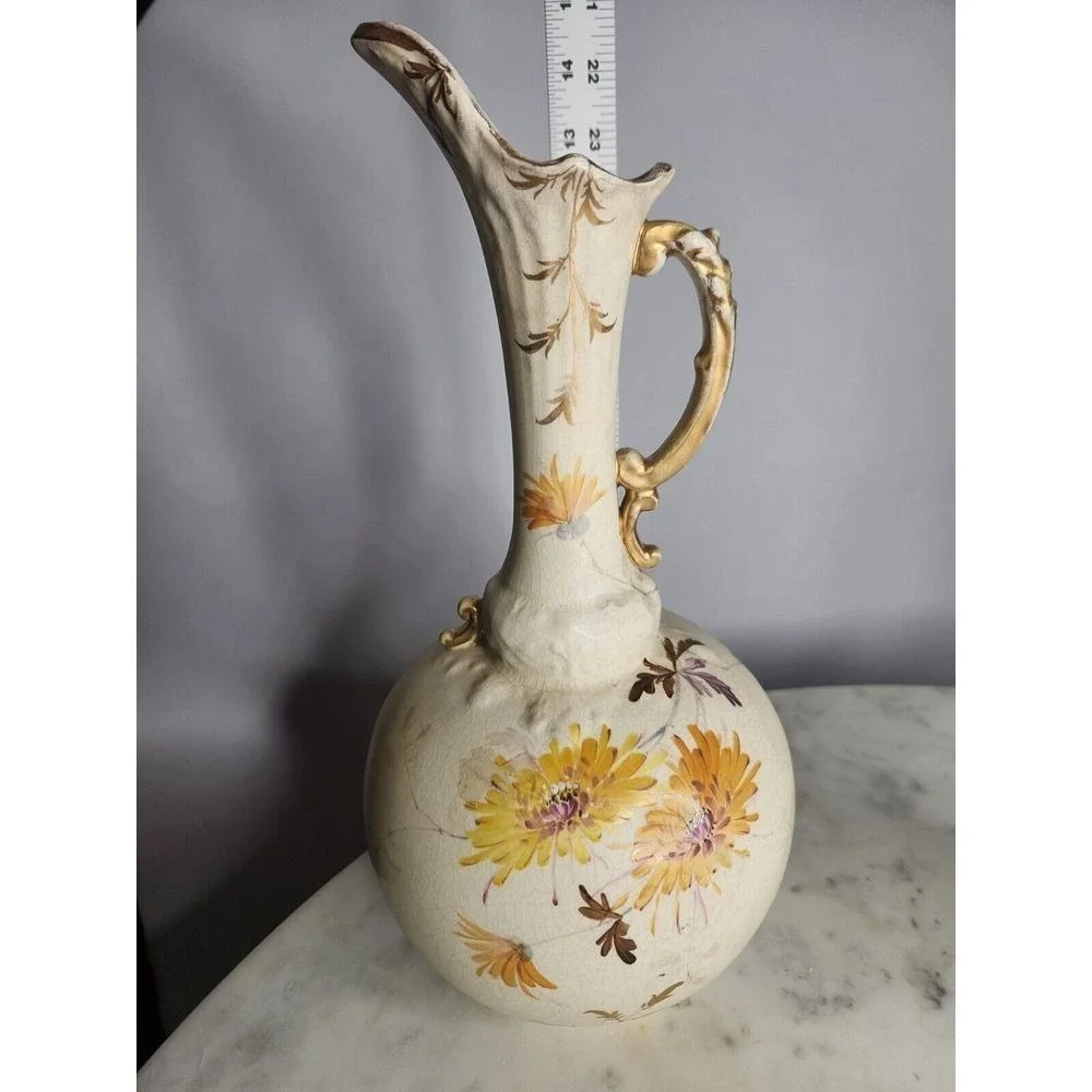 Antq Art Nouveau Ewer Gold Painted Floral Pitcher Ornate Handle Unmarked Cottage